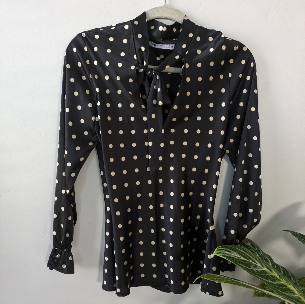 Zara Black and Cream Polka Dot Blouse